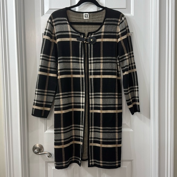 Anne Klein Sweaters - Anne Klein plaid duster long cardigan with leather button closure